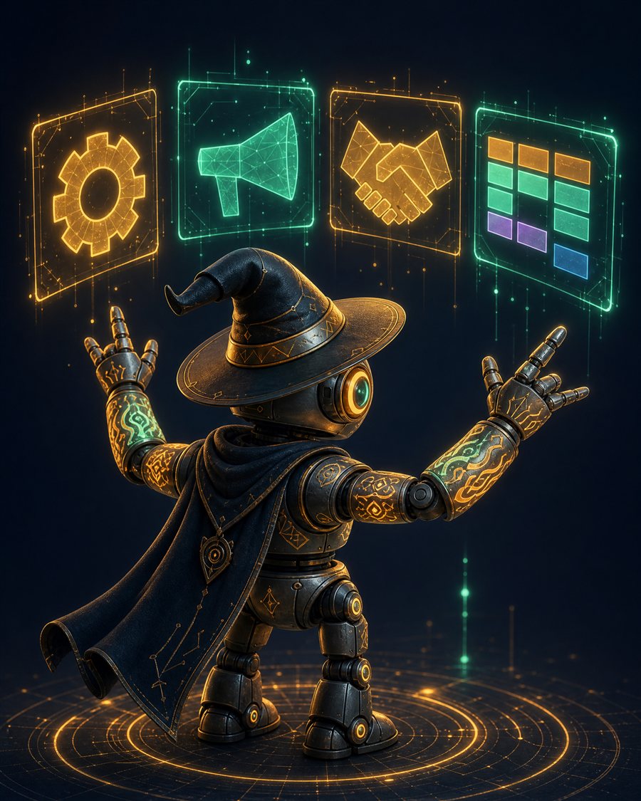 A robot wizard conducting four glowing panels of business work