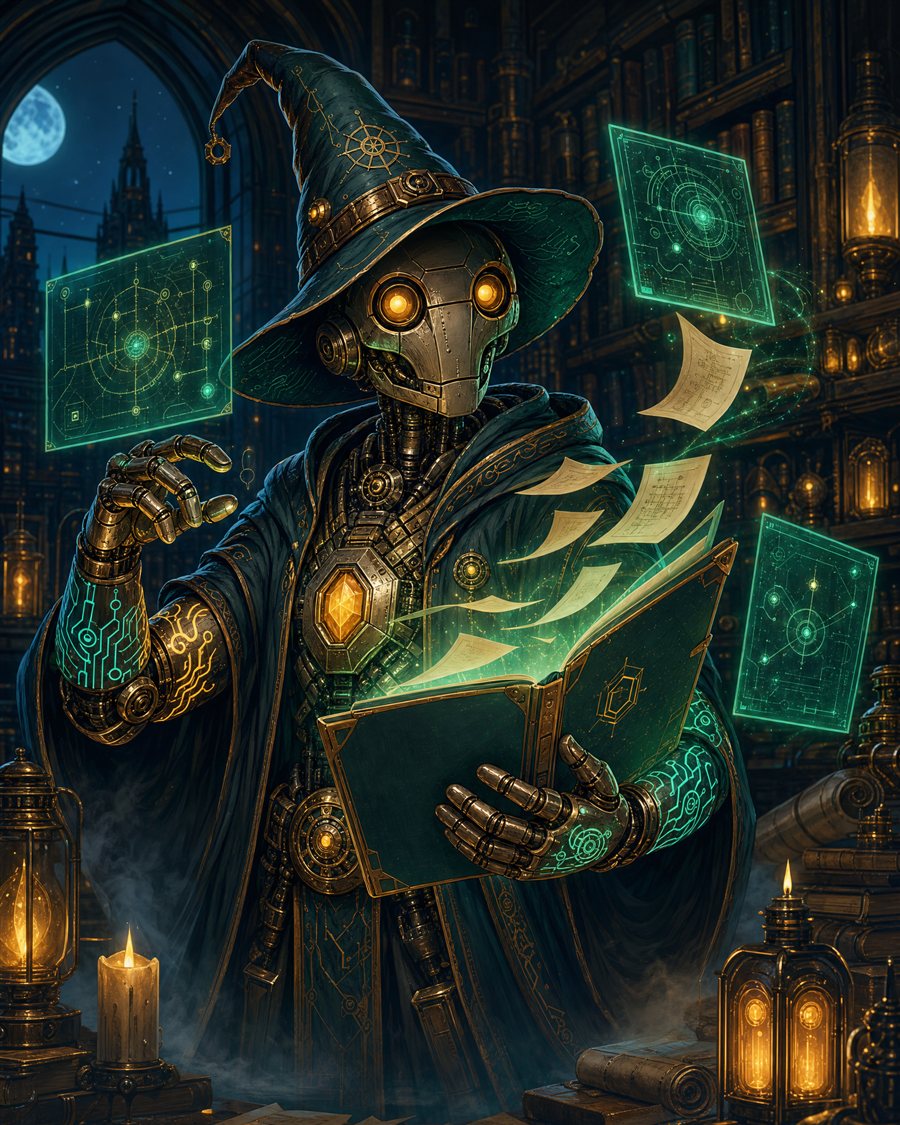 A robot wizard reading from a glowing grimoire of memories