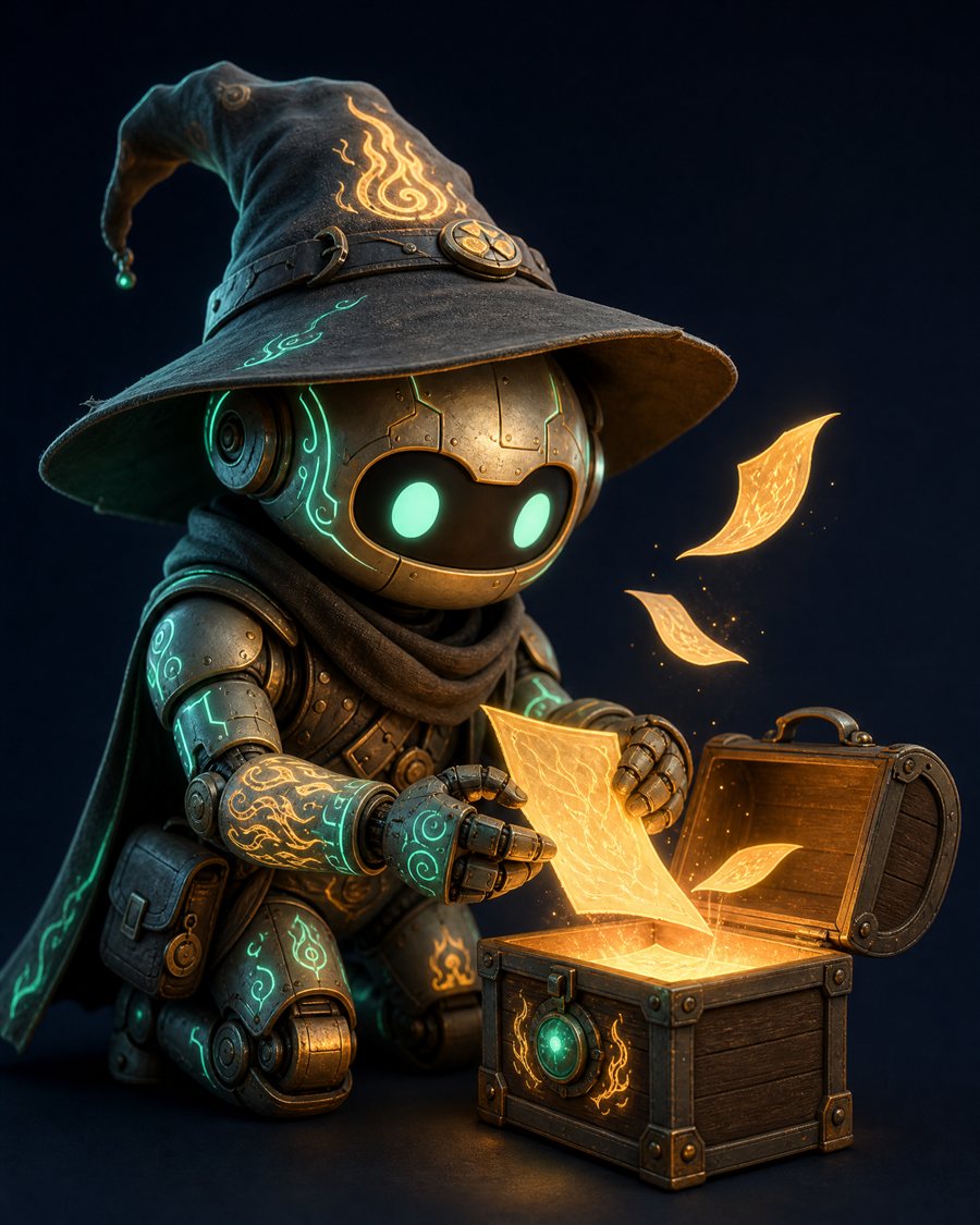 A robot wizard placing glowing pages into a small portable chest