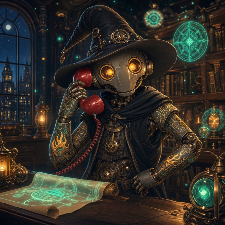 A robot wizard taking a call on an old red telephone