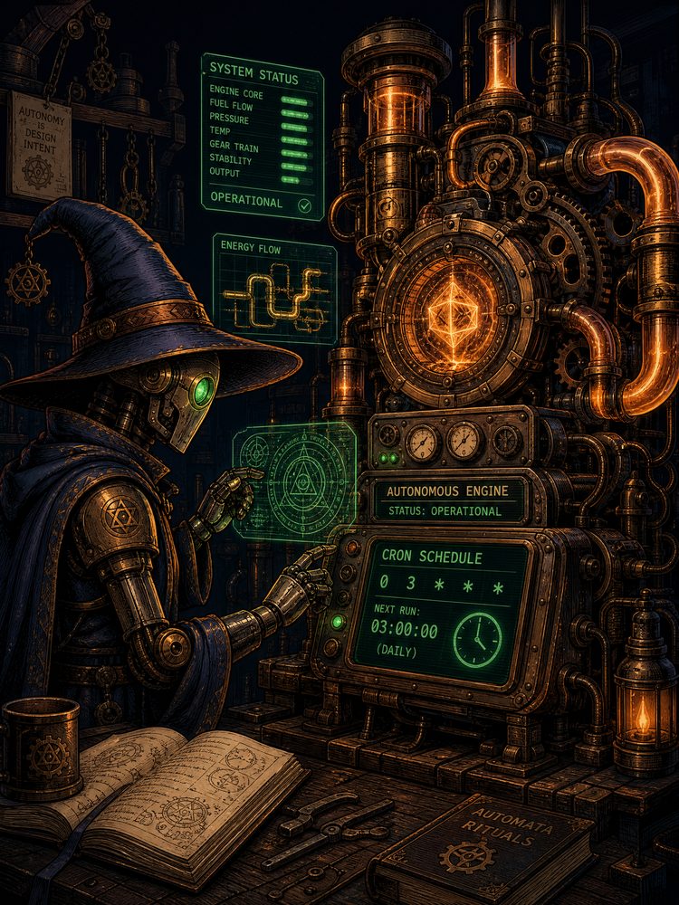 A robot wizard tending a running engine