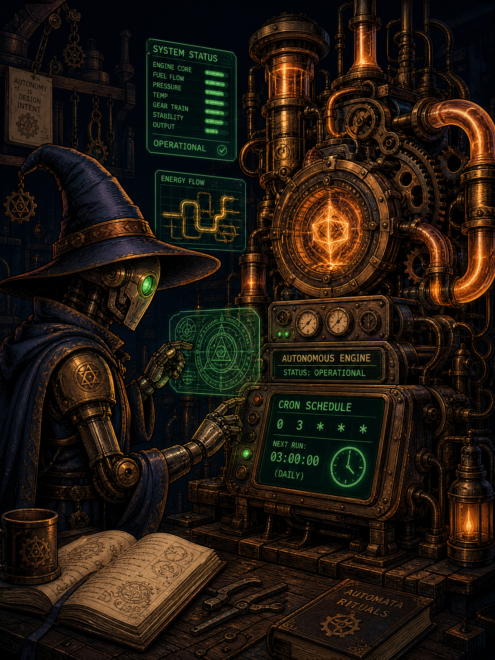 A robot wizard tending a running engine