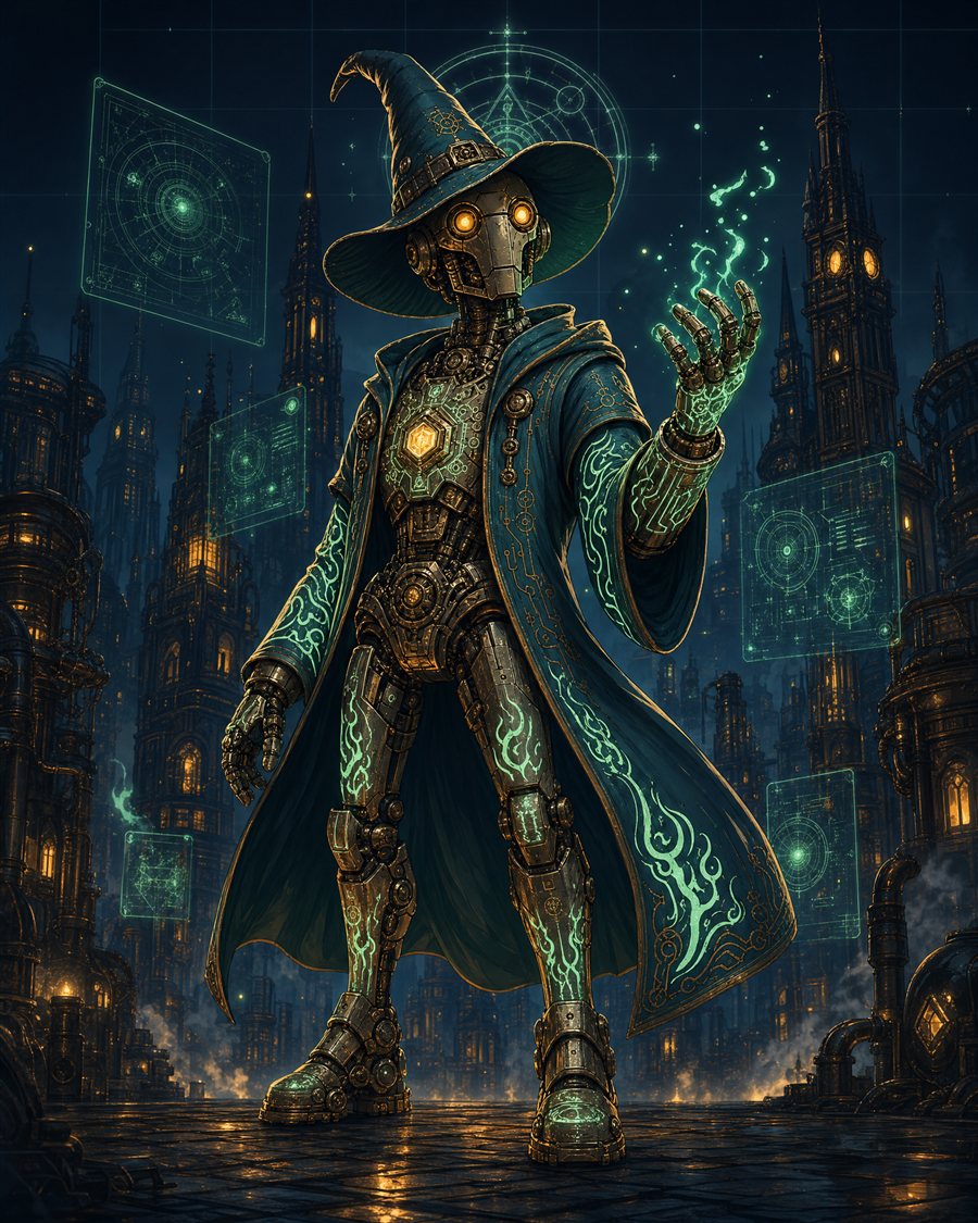 A tall robot wizard standing in a night city, hand raised, glowing with green sigils