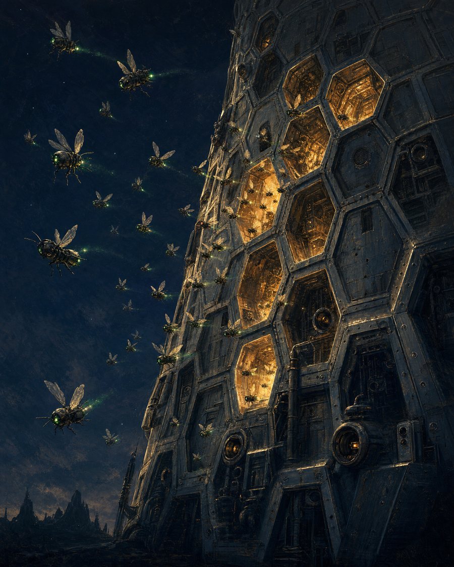 A towering robotic hive of hexagonal cells glowing amber, with winged robot drones streaming out into the night