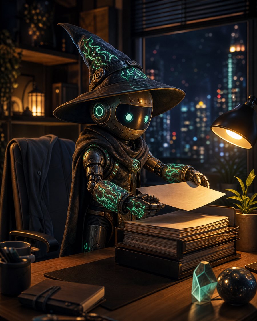 A robot wizard working at a desk at night, stacking finished documents beside an empty office chair
