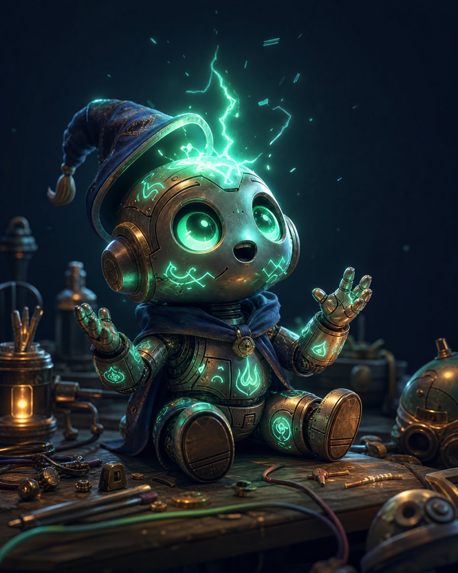 A small apprentice robot powering on with its first spark