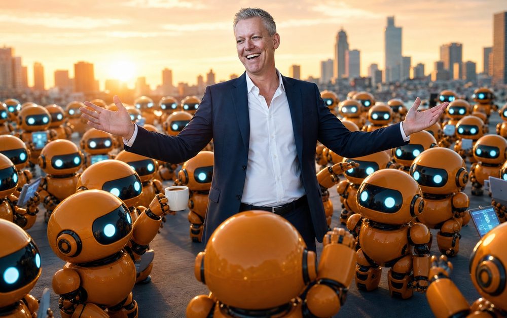 Stu Jordan, arms wide and laughing, surrounded by a city rooftop full of cute amber robot agents at sunset