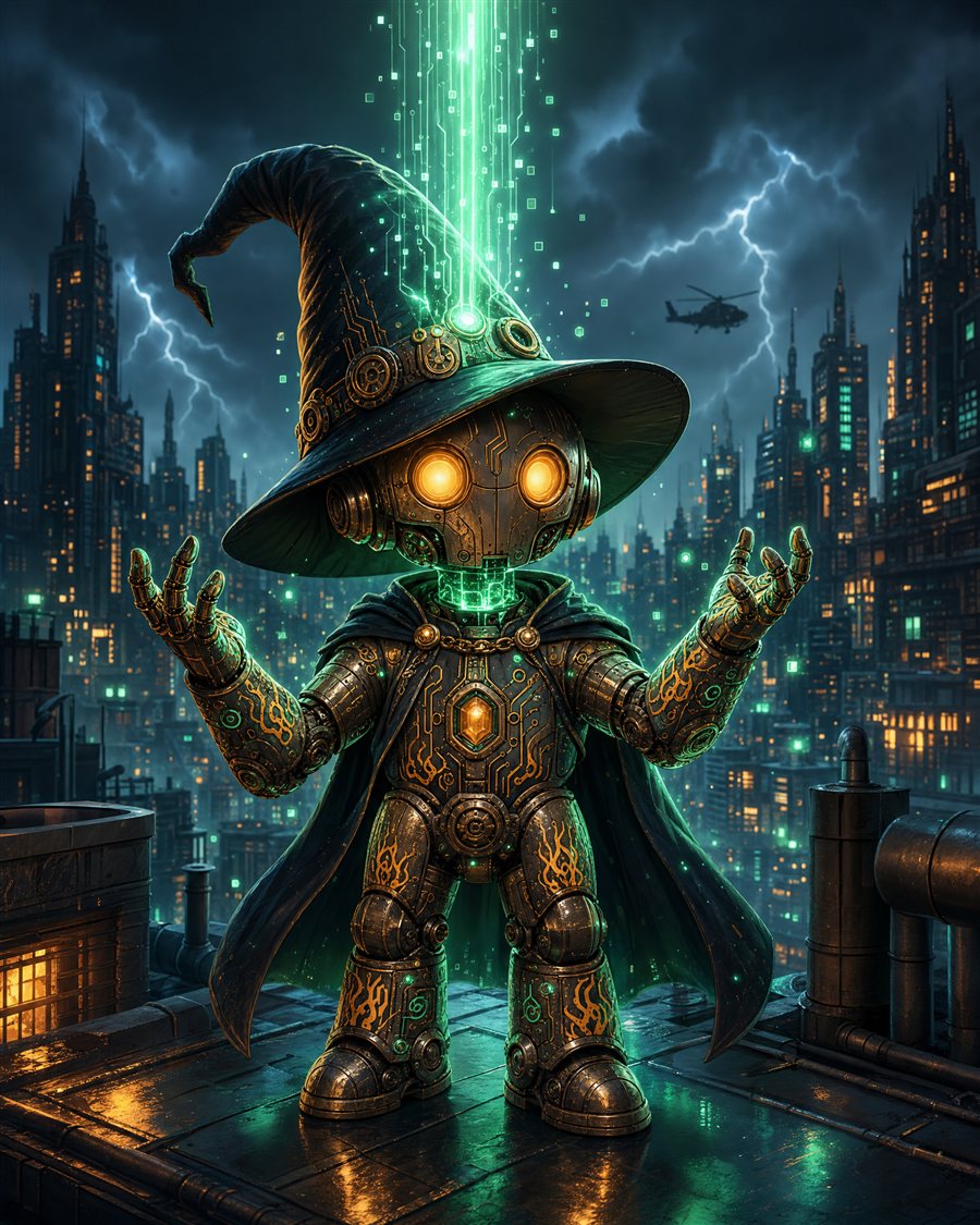 A robot wizard on a rooftop as knowledge streams into its head, a helicopter in the distant sky