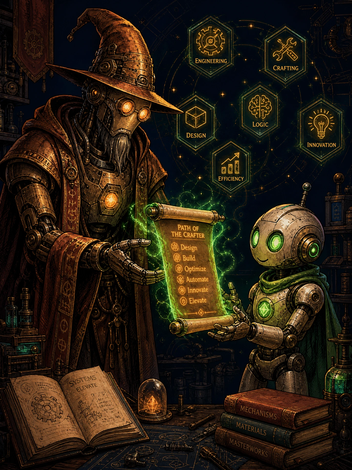 Wizard handing a skill scroll to an apprentice agent