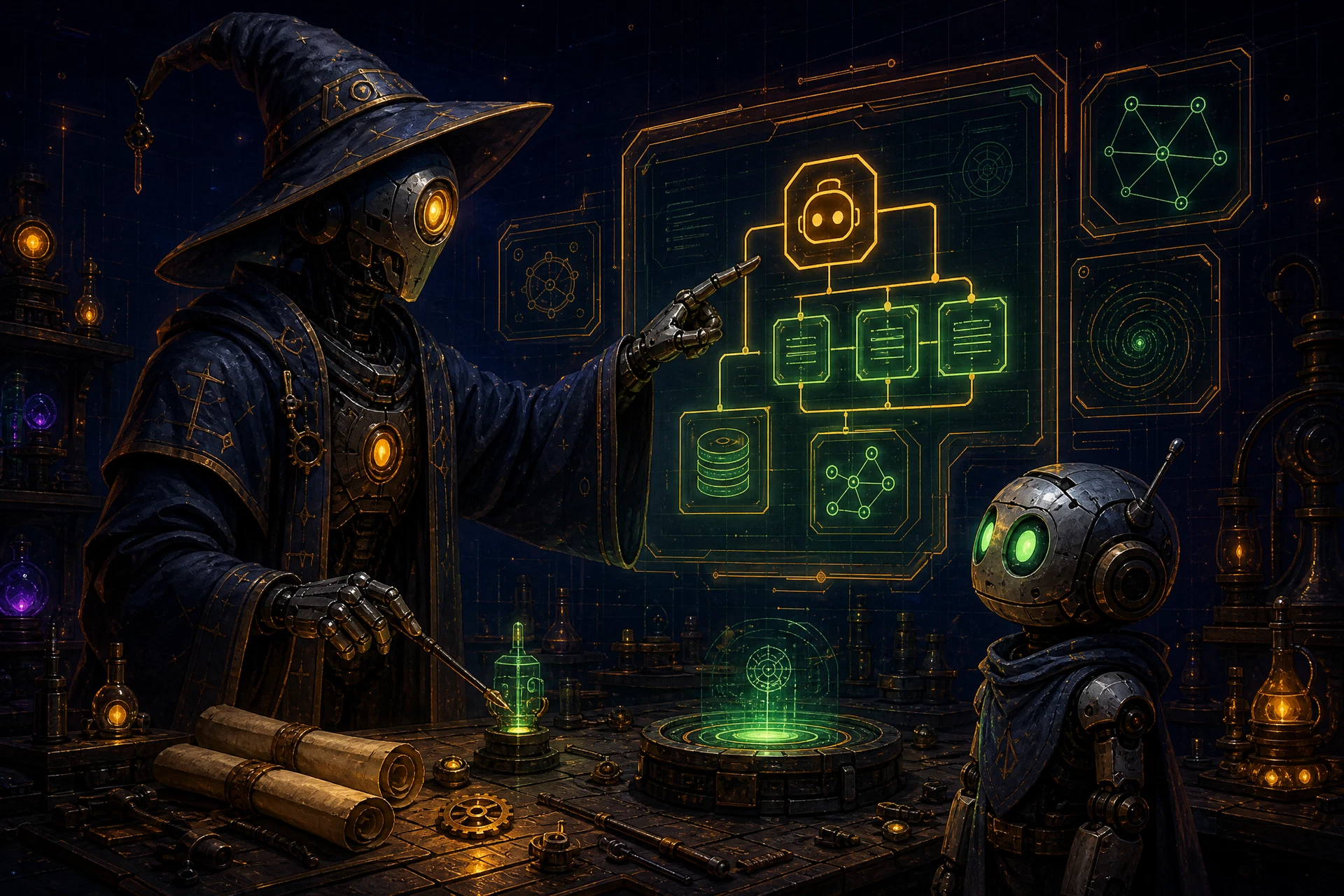 A robot wizard demonstrating at a workshop